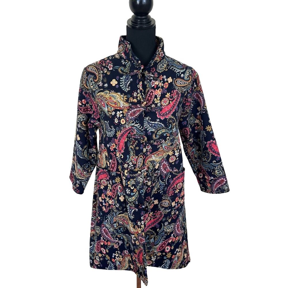Womens Paisley Blue Housecoat Small Pockets Mandarin Collar Jacket Loungewear